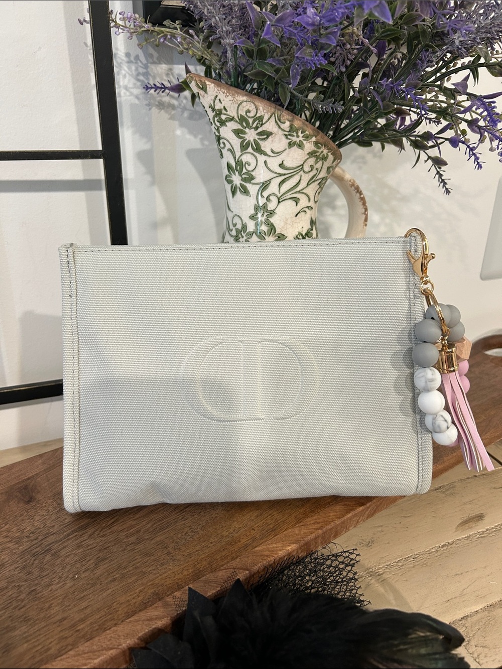 Dior Light Gray Canvas Clutch with Tassel Bead Charm - Picture 3 of 4